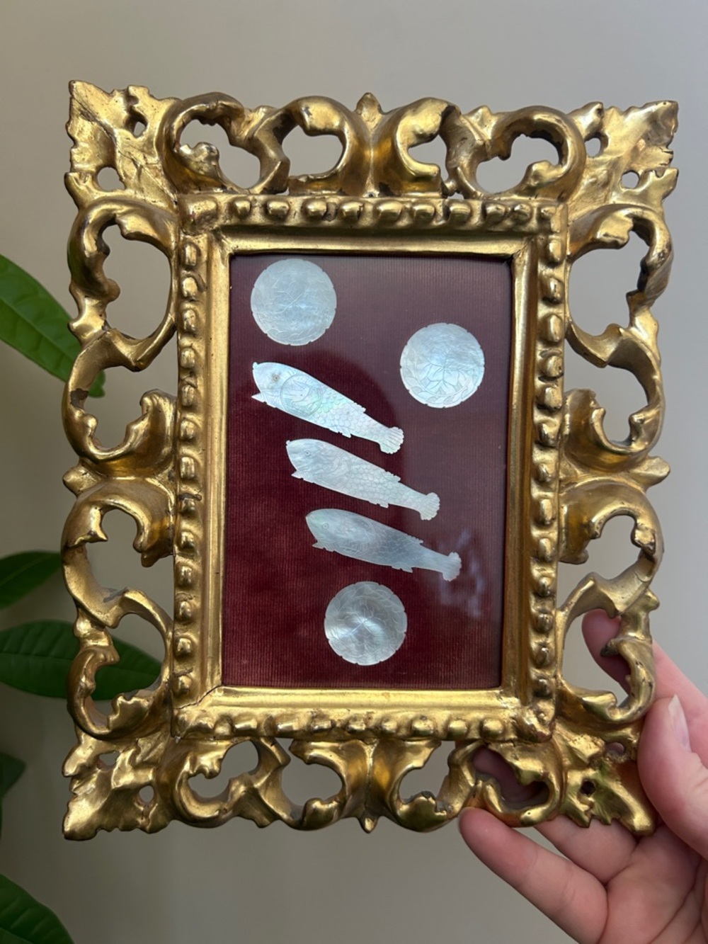 Framed Antique Chinese Mother of Pearl Gaming Counters Wood Gold Gilt Frame